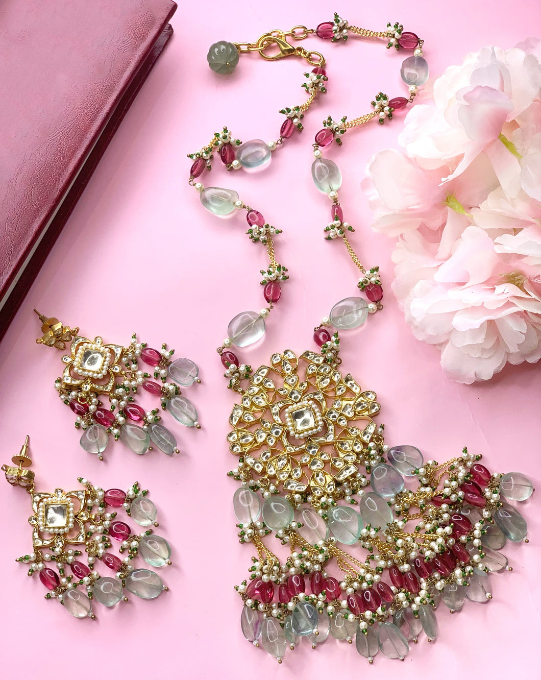 Outstanding Pink & White Kundan  Set